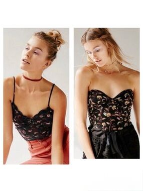 FREE PEOPLE Black Floral Sunny Days Smocked Lettuce Edge Top & Tube Top Small